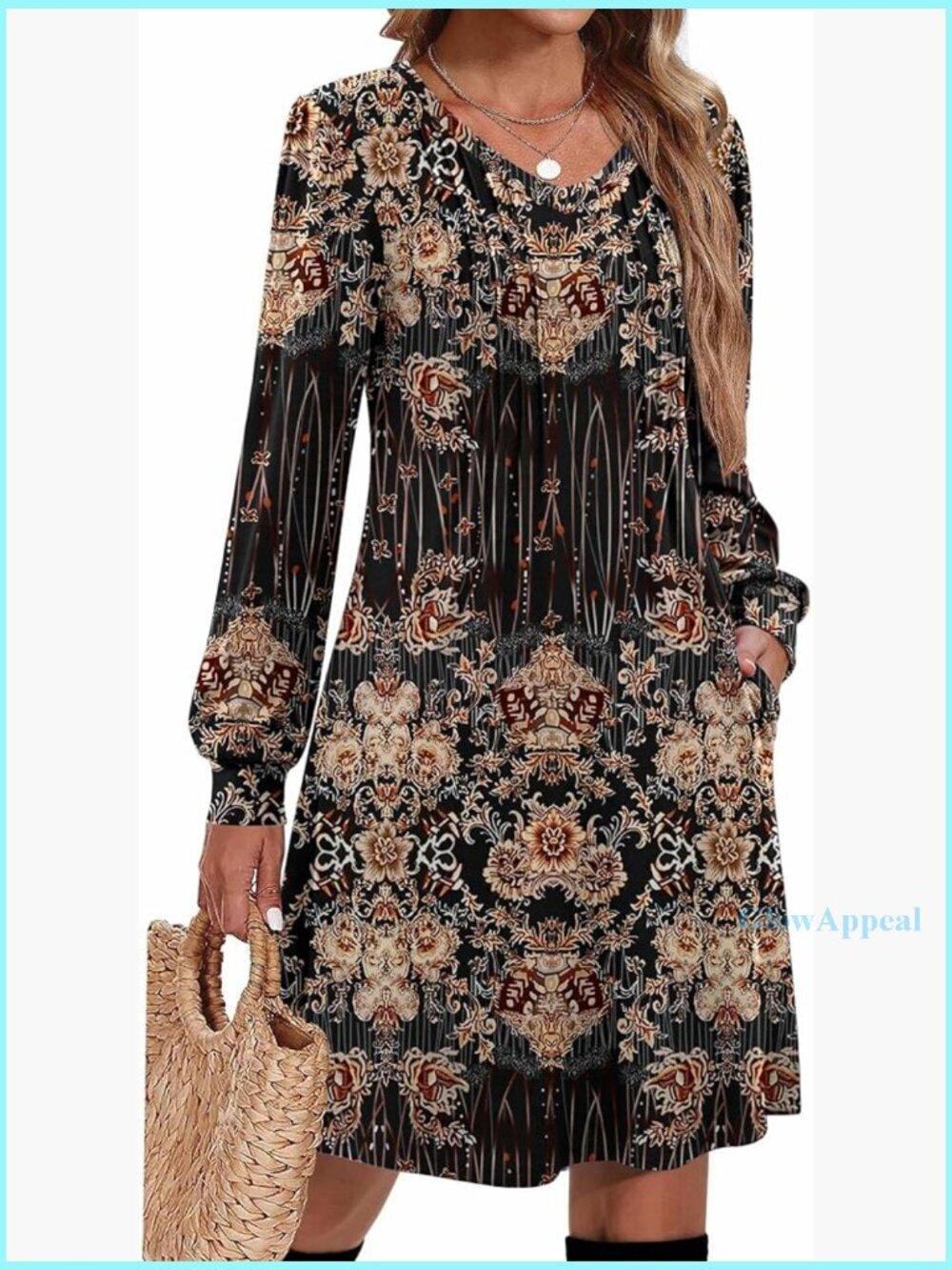 Long Sleeve Pleated V-Neck A-Line Tunic Dress Casual Fall Winter